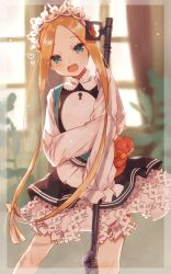  1girl :d abigail_williams_(fate) abigail_williams_(festival_outfit)_(fate) apron black_skirt blonde_hair blue_eyes blurry blurry_background bow butterfly_hair_ornament commentary_request fate/grand_order fate_(series) hair_ornament heroic_spirit_chaldea_park_outfit highres holding key long_hair looking_at_viewer maid maid_apron maid_headdress official_alternate_costume open_mouth orange_bow parted_bangs plant riruno skirt sleeves_past_fingers sleeves_past_wrists smile stuffed_animal stuffed_toy teddy_bear white_bow  rating:Sensitive score:4 user:danbooru