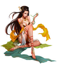 1girl ankle_lace-up barefoot_sandals_(jewelry) bracelet breasts cleavage cross-laced_footwear highres jewelry large_breasts long_hair looking_at_viewer red_lips simple_background sitting snake solo tagme very_long_hair white_background xiangxiang_lu