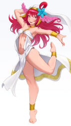  1girl absurdres ankle_cuffs barefoot cheshirrr dancer feet hair_ornament harem_outfit highres long_hair magi_the_labyrinth_of_magic morgiana open_mouth red_eyes red_hair solo 
