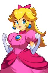  1girl artist_name blonde_hair blue_eyes bow breasts brooch clenched_hands dress earrings elbow_gloves gloves hair_bow high_ponytail highres jewelry long_hair mario_(series) medium_breasts nintendo pink_bow pink_dress pink_lips princess_peach princess_peach:_showtime! short_hair simple_background smgold solo sphere_earrings white_background white_gloves 