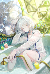  2girls bath bathroom bathtub collarbone copyright_name copyright_request dual_persona grey_hair highres ibara_riato indoors looking_at_another looking_at_viewer mirror multiple_girls no_legwear original see-through see-through_shirt see-through_sleeves shirt short_hair showering sitting smile solo water_drop watermark wet wet_clothes wet_shirt yuri 