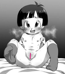  1girl anus ass bar_censor bed belly black_eyes black_hair blanket blush breasts censored completely_nude dragon_ball dragon_ball_super:_super_hero female_focus flat_chest full_body gluteal_fold greyscale loli looking_at_viewer monochrome navel nipples nude on_bed open_clothes open_mouth open_shirt pan_(dragon_ball) presenting presenting_pussy pussy pussy_juice pussy_juice_trail rom_(20) rom_(artist) shirt short_hair simple_background sitting sitting_on_bed smile socks solo spread_legs steam steaming_body sweat thighs toddler tomboy 