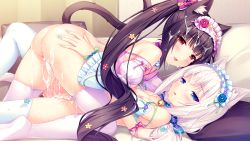  10s 2girls :d aftersex all_fours animal_ears ass ass_grab back bare_shoulders bed bell black_hair blue_eyes blunt_bangs blush bottomless bow breasts breasts_out brown_eyes cat_ears cat_girl cat_tail chocola_(nekopara) choker copyright_name cum cum_in_pussy cum_on_body cum_on_clothes cum_on_hair cum_on_lower_body cumdrip detached_sleeves facial feet flower frills from_side game_cg hair_bow hair_flower hair_ornament hairband hug indoors jingle_bell logo lolita_fashion lolita_hairband long_hair looking_at_viewer low_twintails lying multiple_girls nail_polish nekopara nipples no_shoes on_back on_bed open_mouth pillow puffy_sleeves purple_legwear ribbon rose sayori_(neko_works) skindentation small_breasts smile spread_legs strap_slip sweat tail thighhighs twintails vanilla_(nekopara) very_long_hair white_hair white_legwear wrist_ribbon  rating:Explicit score:175 user:danbooru