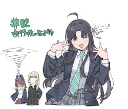  3girls :&lt; :| ;d ahoge arm_at_side arms_up awa_subaru black_hair black_jacket black_sweater blazer blue_jacket blunt_bangs blush brown_hair closed_mouth collared_shirt cropped_torso curtained_hair diagonal-striped_clothes diagonal-striped_necktie dress_shirt episode_number episode_title girls_band_cry green_necktie grey_hair grey_skirt half_updo hand_on_own_hip hands_up hashtag-only_commentary highres iseri_nina jacket kawaragi_momoka long_hair long_sleeves looking_at_viewer low_twintails multiple_girls necktie one_eye_closed open_clothes open_hands open_jacket open_mouth plaid plaid_skirt pleated_skirt purple_eyes red_skirt shirt short_hair short_twintails simple_background skirt smile solo_focus speech_bubble straight_hair striped_clothes sweater swept_bangs swinging tears teeth teshima_nari twintails upper_teeth_only v-shaped_eyebrows white_background white_shirt |_| 