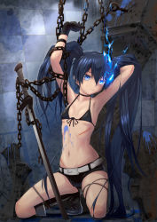  10s 1girl absurdres armpits bad_id bad_pixiv_id bdsm belt bikini bikini_top_only black_hair black_rock_shooter black_rock_shooter_(character) blue_eyes bondage boots bound chain chakabo flat_chest frogtie glowing glowing_eyes highres long_hair scar shorts solo swimsuit sword twintails weapon  rating:Sensitive score:31 user:danbooru