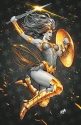  1girl armlet armored_boots armpits artist_name blonde_hair boots dated david_nakayama dc_comics diana_prince english_text gauntlets gold highres holding holding_shield holding_sword holding_weapon lasso lasso_of_truth long_hair midair muscular muscular_female open_mouth shield solo strapless sword teeth thighs warrior weapon wonder_woman 