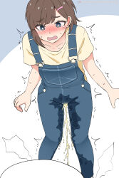 1girl absurdres artist_request blue_overalls blush brown_hair collarbone hair_ornament hairclip highres looking_down open_mouth original overalls pee peeing peeing_self shaking shirt simple_background sweat t-shirt tears toilet_seat watermark yellow_shirt rating:Questionable score:47 user:Lucas_Wu
