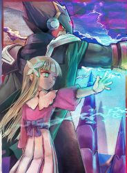  1boy 1girl back-to-back black_cape blunt_bangs bow brother_and_sister brown_hair butterfly_hair_ornament capcom cape colonel.exe_(mega_man) fringe_trim green_eyes hair_ornament height_difference iris.exe_(mega_man) ktynkd long_hair long_skirt looking_to_the_side mega_man_(series) mega_man_battle_network mega_man_battle_network_(series) mega_man_battle_network_6 netnavi outstretched_arms serious shoulder_pads siblings sidelocks skirt 