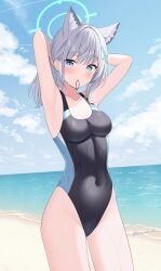  1girl animal_ear_fluff animal_ears armpits arms_behind_head beach black_one-piece_swimsuit blue_archive blue_eyes blue_sky breasts cloud competition_swimsuit contrapposto covered_navel cross_hair_ornament day extra_ears grey_hair hair_ornament halo highres holding holding_hair horizon kurumi_lm low_ponytail medium_breasts medium_hair mismatched_pupils mouth_hold multicolored_clothes multicolored_swimsuit ocean official_alternate_costume one-piece_swimsuit outdoors shiroko_(blue_archive) shiroko_(swimsuit)_(blue_archive) sky solo standing swimsuit wolf_ears 