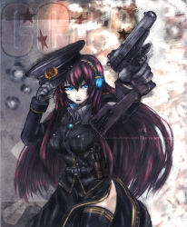  1girl bad_id bad_pixiv_id belt black_thighhighs blue_eyes breasts cocked_hammer communism cyrillic gloves glowing glowing_eyes gun hammer_and_sickle hat headset highres large_breasts long_hair megurine_luka military military_uniform pantsaa panzer_(p.z) peaked_cap pink_hair russia russian_text semi-automatic_firearm shoulder_stock side_slit solo soviet star_(symbol) stechkin_aps strap thighhighs translated trigger_discipline uniform vocaloid weapon weapon_name  rating:Sensitive score:21 user:danbooru