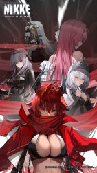  5girls artist_request blonde_hair breasts cleavage closed_eyes closed_mouth crying crying_with_eyes_open depressed dorothy_(nikke) dress goddess_of_victory:_nikke goggles goggles_on_head grey_hair hands_on_own_chest headpiece highres horns jacket large_breasts long_hair long_sleeves multiple_girls official_art own_hands_together pink_hair rapunzel_(nikke) red_eyes red_hood_(nikke) scarlet_(nikke) second-party_source snow_white:_innocent_days_(nikke) tears watermark white_dress white_hair yellow_eyes zipper 