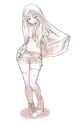  1girl blush breasts collarbone converse denim denim_shorts full_body grin hair_over_breasts hair_over_shoulder half-closed_eyes hand_on_own_hip highres hood hood_up hoodie long_hair looking_at_viewer mahou_shoujo_madoka_magica mahou_shoujo_madoka_magica_(anime) naughty_face navel no_bra open_clothes open_hoodie sakura_kyoko shoes shorts simple_background small_breasts smile sneakers solo spot_color standing stomach uasi unbuttoned white_background yellow_eyes  rating:Questionable score:20 user:danbooru