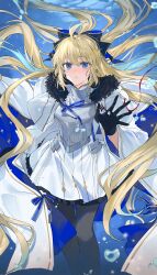 1girl :o absurdres ahoge aqua_hair arm_at_side armor black_bow black_gloves black_pantyhose blonde_hair blue_eyes blue_ribbon bow breastplate bubble capelet crying crying_with_eyes_open dress fate/grand_order fate_(series) fur-trimmed_capelet fur_trim gloves gold_trim gradient_hair hair_bow hand_up highres long_hair long_sleeves looking_at_viewer multicolored_hair open_mouth outstretched_hand pantyhose ponytail reaching reaching_towards_viewer red_ribbon ribbon short_dress solo spiked_armor striped_ribbon tears aesc_(fate) two-tone_bow two-tone_capelet two-tone_sleeves underwater white_capelet white_dress wide_sleeves yurumawari  rating:General score:6 user:danbooru