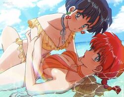  2girls artist_name beach bikini black_hair blue_sky blush braid braided_ponytail breasts cherry_earrings cleavage cloud day earrings food_themed_earrings girl_on_top green_eyes jewelry large_breasts looking_at_viewer lying medium_breasts medium_hair multiple_girls on_back outdoors partially_submerged ranma-chan ranma_1/2 red_hair short_hair sky swimsuit tendou_akane yuri  rating:Questionable score:10 user:albergato