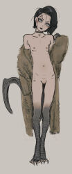  1girl animal_feet animal_hands black_hair black_lips blue_eyes brown_background brown_coat choker claws cleft_of_venus closed_mouth coat coat_partially_removed digitigrade flat_chest full_body fur_coat grey_choker grey_scales hand_up head_tilt long_sleeves looking_at_viewer messy_hair monster_girl naked_coat original pussy scales short_hair simple_background slit_pupils solo standing tail unko_man 