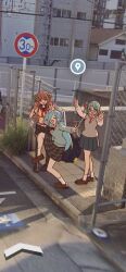  .live 000_(jicasoe) 3girls ^_^ aqua_hair black_skirt blue_hair blue_sailor_collar brown_footwear brown_hair brown_sweater chain-link_fence closed_eyes commentary day double_v fence full_body glasses google_maps google_street_view hair_over_one_eye hashtag-only_commentary high_school_girls_posing_for_google_street_view_(meme) kagura_suzu_(.live) kakyouin_chieri loafers long_hair looking_at_viewer meme miniskirt multiple_girls neckerchief open_mouth outdoors photo_background plaid plaid_skirt pleated_skirt purple_eyes red_neckerchief sailor_collar school_uniform semi-rimless_eyewear serafuku shirt shoes side_ponytail sidewalk skirt smile standing standing_on_one_leg sweater tactile_paving under-rim_eyewear v very_long_hair virtual_youtuber white_footwear white_shirt yamato_iori 