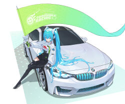  1girl absurdres aqua_eyes aqua_hair black_bodysuit black_gloves bmw bmw_m4 bodysuit car closed_mouth expressionless flag gloves green_gloves hatsune_miku high_heels highres holding holding_flag leaning_back long_hair looking_at_viewer motor_vehicle nikki_l racing_miku shrug_(clothing) solo twintails two-tone_gloves very_long_hair vocaloid white_shrug 