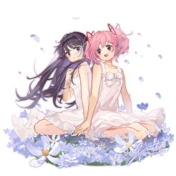  2girls :d absurdres akemi_homura alternate_costume back-to-back bare_arms bare_shoulders black_hair black_hairband blue_eyes bow bowtie choker dress eye_contact falling_petals field floating_hair flower flower_field frilled_dress frills from_side full_body hair_ribbon hairband hand_on_hand hand_on_own_chest highres kaname_madoka long_hair looking_at_another mahou_shoujo_madoka_magica mahou_shoujo_madoka_magica_(anime) multiple_girls open_mouth parted_lips petals pink_hair red_eyes ribbon seiza shan_tong_tong short_hair short_twintails signature simple_background sitting sleeveless sleeveless_dress smile sundress twintails white_background white_bow white_bowtie white_choker white_dress white_flower wind yuri 
