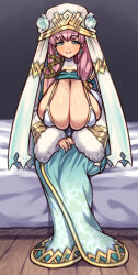  1girl absurdres bed bed_sheet blue_dress blue_eyes blush breasts closed_mouth commentary_request commission dress earrings fire_emblem fire_emblem_heroes flower fur-trimmed_sleeves fur_trim gunnthra_(fire_emblem) hair_ornament highres huge_breasts indoors jewelry long_dress long_hair long_sleeves looking_at_viewer nikuatsu_magician_shinbo nintendo own_hands_together pink_hair sitting skeb_commission smile solo  rating:Sensitive score:79 user:danbooru