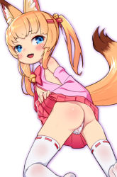 1girl animal_ear_fluff animal_ears ass bell blue_eyes blush fangs female_focus fox_ears fox_tail from_behind h_haniwa jingle_bell kemomimi_oukoku_kokuei_housou loli looking_back maebari mikoko_(kemomimi_oukoku_kokuei_housou) open_mouth pleated_skirt red_skirt simple_background skirt solo tail thighhighs twintails virtual_youtuber white_background white_thighhighs rating:Questionable score:62 user:Dweenie