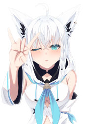  1girl ahoge animal_ear_fluff animal_ears aqua_eyes blue_neckerchief blush braid breasts commentary_request detached_sleeves earrings fox_ears fox_girl fox_shadow_puppet front_slit hair_between_eyes hand_up hololive hood hoodie jewelry long_sleeves looking_at_viewer medium_breasts neckerchief one_eye_closed parted_lips shirakami_fubuki shirakami_fubuki_(1st_costume) side_braid sidelocks simple_background single_earring solo utsuki_(blackgoat1229) virtual_youtuber white_background white_hair white_hoodie white_sleeves wide_sleeves 