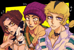  3boys animal_print beanie blonde_hair blue_eyes brothers choker cleavage_cutout clothing_cutout constricted_pupils cow_print donatello_versus earrings facial_mark hand_on_another&#039;s_shoulder hat highres jewelry jojo_no_kimyou_na_bouken male_focus multiple_boys numbered open_mouth pectoral_cleavage pectorals purple_hair rikiel sharp_teeth short_twintails siblings stone_ocean suspenders swampland sweatdrop teeth twintails ungaro yellow_eyes 