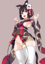  1girl :d animal_ears asanagi azur_lane black_hair blunt_bangs blush breasts cat_ears cat_mask cat_tail commentary_request cowboy_shot fang grey_background hair_ornament hands_up highres japanese_clothes looking_at_viewer mask unworn_mask medium_breasts micro_panties navel open_mouth panties paw_pose red_eyes short_hair sideboob simple_background skindentation smile solo tail thick_thighs thighhighs thighs underwear white_panties white_thighhighs yamashiro_(azur_lane)  rating:Sensitive score:118 user:danbooru