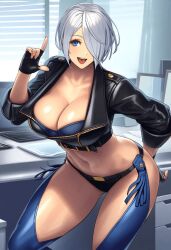  1girl angel_(kof) backless_pants black_jacket blue_eyes breasts cleavage crop_top cropped_jacket f fingerless_gloves gloves hair_over_one_eye highres jacket large_breasts leather leather_jacket midriff navel open_mouth pants short_hair snk solo teeth the_king_of_fighters thighs tongue tongue_out upper_teeth_only white_hair 
