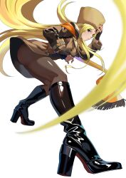  1girl absurdres black_footwear blonde_hair blue_eyes boots breasts brown_pantyhose closed_mouth coat commentary_request commission detached_sleeves fingerless_gloves fingernails full_body fur_hat gloves guilty_gear guilty_gear_strive hat high_heels highres knee_boots long_sleeves looking_at_viewer medium_breasts millia_rage pantyhose shiny_clothes simple_background skeb_commission ushanka white_background yagi_(joe731842) 