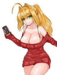  1girl ahoge armpits blonde_hair breasts cellphone cleavage collarbone covered_navel fate/extra fate/grand_order fate_(series) green_eyes hair_intakes highres large_breasts long_hair nail_polish nero_claudius_(fate) nero_claudius_(fate)_(all) nero_claudius_(fate/extra) phone ponytail red_nails red_shirt red_sweater shiny_skin shirt smartphone smile spaghetti_strap steamingtofu sweater white_background  rating:Sensitive score:31 user:RoscoePColeslaw