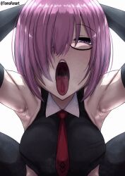  1girl ahegao animated animated_gif armpits arms_behind_head breasts collar collared_shirt female_pervert glasses hair_over_one_eye half-closed_eyes large_breasts medium_hair necktie open_mouth pervert pink_hair presenting sexually_suggestive shirt short_hair sleeveless sleeveless_shirt solo solo_focus squatting tongue tongue_out 
