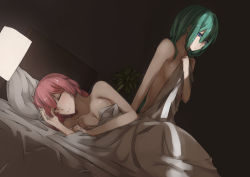 2girls aftersex aqua_hair arm_support bare_arms bare_shoulders bed bed_sheet blanket blue_eyes blush breasts cleavage closed_mouth collarbone couple covering_privates dutch_angle closed_eyes female_focus genyaky hair_down hatsune_miku indoors lamp long_hair lying megurine_luka multiple_girls naked_sheet neck nude on_side parted_lips pink_hair plant sitting sleeping smile under_covers vocaloid yuri rating:Questionable score:77 user:danbooru