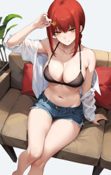  1girl absurdres bikini bikini_top_only breasts candy chainsaw_man collarbone couch deyo_(nicijyou) food highres holding holding_candy holding_food holding_lollipop large_breasts lollipop looking_at_viewer makima_(chainsaw_man) navel open_clothes open_shirt pillow red_hair shirt shorts sitting solo swimsuit thighs white_shirt yellow_eyes 