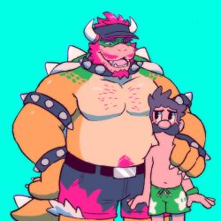 2boys absurdres alternate_body_hair alternate_costume alternate_facial_hair bara belly bowser brown_hair couple cowboy_shot duke_(orangelionduke) facial_hair fat fat_man furry furry_with_non-furry goatee hand_on_another&#039;s_shoulder highres interspecies large_pectorals luigi male_focus mario_(series) mature_male multiple_boys muscular muscular_male navel_hair nintendo pectorals pencil_mustache shell short_shorts shorts size_difference sparse_chest_hair standing stomach thick_mustache yaoi