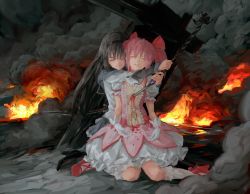  10s 2girls akemi_homura archlich bad_id bad_pixiv_id black_hair blood blood_on_clothes bow_(weapon) closed_eyes fire gloves hairband kaname_madoka kneeling lips magical_girl mahou_shoujo_madoka_magica mahou_shoujo_madoka_magica:_hangyaku_no_monogatari multiple_girls pink_hair smoke spoilers stab tears twintails weapon 