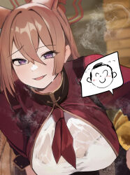  1boy 1girl absurdres animal_ears doodle_sensei_(blue_archive) blue_archive blush bra_visible_through_clothes breasts brown_hair dio_nand halo highres large_breasts long_hair looking_at_viewer neckerchief purple_eyes red_neckerchief rumi_(blue_archive) sensei_(blue_archive) shirt smile spoken_expression steam steaming_body sweat upper_body very_long_hair wet wet_clothes wet_shirt  rating:Sensitive score:22 user:danbooru