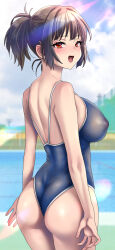  1girl ass black_hair breasts covered_erect_nipples from_behind karube_guri large_breasts looking_back one-piece_swimsuit open_mouth orange_eyes original ponytail pool see-through sideboob solo standing swimsuit tongue tongue_out 