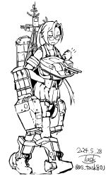  1girl adapted_turret amagiri_(kancolle) artist_name cannon dated full_body hair_intakes kantai_collection lineart machinery monochrome one-hour_drawing_challenge pleated_skirt school_uniform serafuku simple_background skirt smokestack solo task_(s_task80) turret twitter_username walking 