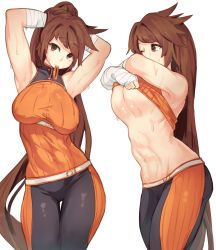  1girl abs adjusting_hair arms_behind_head arms_up breasts brown_hair clothes_lift covered_erect_nipples dnf_duel dungeon_and_fighter fighter_(dungeon_and_fighter) hand_wraps highres large_breasts long_hair mocomori muscular muscular_female no_bra ponytail shirt_lift sleeveless solo striker_(dungeon_and_fighter) sweat underboob very_long_hair  rating:Questionable score:176 user:danbooru