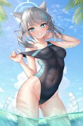  1girl animal_ear_fluff animal_ears blue_archive blue_halo blue_sky breasts bright_pupils cloud competition_swimsuit contrapposto covered_navel day extra_ears gluteal_fold grey_hair halo highleg highleg_swimsuit highres kep_(ahokep) md5_mismatch medium_breasts mismatched_pupils ocean official_alternate_costume one-piece_swimsuit outdoors revision shiroko_(blue_archive) shiroko_(swimsuit)_(blue_archive) sky smile solo swimsuit thighs twintails wading wet white_pupils wolf_ears 