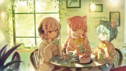  3girls :d ^_^ animal_ear_fluff animal_ears apron backlighting black_skirt blue_apron blue_hair blurry blurry_foreground blush bow braid brown_eyes brown_shirt brown_skirt cable cake cake_slice cat_ears chair closed_eyes collared_shirt commentary_request cup curled_horns demon_horns depth_of_field english_text fang flower food frilled_skirt frills green_eyes hair_between_eyes hair_bow hair_flower hair_ornament hairclip highres holding holding_cup holding_food horns indoors jacket long_hair long_sleeves low_twintails macaron multiple_girls on_chair open_clothes open_jacket open_mouth original pantyhose parted_lips pink_hair plate red_bow romaji_text sandwich saucer shirt shnva sitting skirt sleeves_past_wrists smile table teacup teapot translation_request tray twin_braids twintails very_long_hair waist_apron white_flower white_jacket white_legwear window  rating:Sensitive score:6 user:danbooru