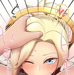  1boy 1girl artist_request blonde_hair blue_eyes blush fellatio forced halo hand_on_head headgear hetero implied_fellatio looking_at_viewer mechanical_halo mercy_(overwatch) oral out-of-frame_censoring overwatch overwatch_1 simple_background solo_focus sweat  rating:Explicit score:81 user:Manlet