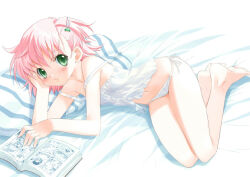  1girl anita_king bed blush breasts camisole closed_mouth commentary_request female_focus full_body green_eyes head_rest kiya_shii loli looking_at_viewer manga_(object) medium_bangs navel on_bed panties pillow pink_hair r.o.d_the_tv read_or_die short_hair small_breasts smile solo underwear underwear_only white_camisole white_panties 