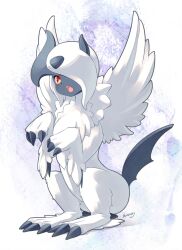  absol animal_focus artist_name blueberry_(5959) blush bright_pupils claws creatures_(company) fangs feathered_wings full_body fur_collar game_freak gen_3_pokemon hair_over_one_eye hands_up light_blush looking_at_viewer mega_absol mega_pokemon nintendo no_humans one_eye_covered open_mouth pokemon pokemon_(creature) red_eyes short_hair signature sitting solo teeth white_pupils white_theme white_wings wings 