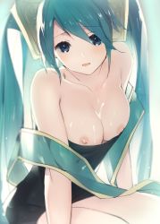 1girl bare_shoulders blue_eyes blush breasts clothes_pull cum cum_on_body cum_on_breasts cum_on_upper_body dress_pull gradient_background green_hair hair_ornament league_of_legends long_hair looking_at_viewer nipples open_mouth solo sona_(league_of_legends) very_long_hair weee_(raemz) rating:Explicit score:65 user:danbooru
