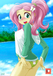  1girl aqua_eyes ass bikini blush breasts colored_skin fluttershy green_bikini hair_ornament hair_tie hairclip hood hoodie jacket large_breasts my_little_pony my_little_pony:_equestria_girls my_little_pony:_friendship_is_magic personification pink_hair ponytail solo swimsuit swimsuit_under_clothes uotapo yellow_skin  rating:Sensitive score:39 user:indridcold13