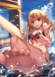  10s 1boy 1girl :o admiral_(kancolle) barefoot bikini black_bikini black_ribbon blonde_hair blue_sky breasts cable cloud crane_(machine) day fang feet foot_focus foreshortening giant giantess hair_flaps hair_ornament hair_ribbon hairclip hanging_on hat highres kantai_collection leg_up long_hair looking_at_viewer medium_breasts military military_uniform musyne_xsk naval_uniform open_mouth outdoors peaked_cap red_eyes ribbon sitting size_difference sky soles solo_focus splashing sunlight swimsuit teeth toenails toes torn_bikini torn_clothes torn_swimsuit underboob uniform wardrobe_malfunction water water_drop yuudachi_(kancolle)  rating:Sensitive score:59 user:danbooru