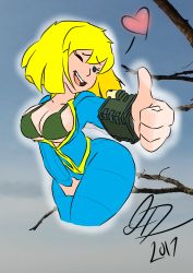 1girl 2017 bethesda blonde_hair breasts cowboy_shot fallout_(series) fallout_4 female_focus green_eyes heart highres jumpsuit large_breasts mob_face one_eye_closed short_hair signature smile solid_oval_eyes solo vault_girl wink  rating:Questionable score:17 user:IsaiahDoane