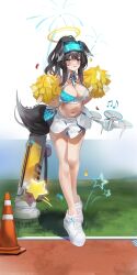  1girl absurdres animal_ears black_hair blue_archive blue_eyes blush breasts cha-myu cleavage detached_collar dog_ears dog_tail eyewear_on_head facial_mark full_body halo halterneck hibiki_(blue_archive) hibiki_(cheer_squad)_(blue_archive) highres holding holding_pom_poms large_breasts long_hair millennium_cheerleader_outfit_(blue_archive) navel official_alternate_costume open_mouth pleated_skirt pom_pom_(cheerleading) pom_poms ponytail safety_glasses shoes skirt solo star_(symbol) tail white_footwear white_skirt yellow_halo  rating:Sensitive score:6 user:danbooru