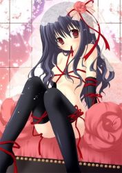  blush natsuki_coco red_eyes ribbon smile thighhighs  rating:Questionable score:3 user:YunGoon